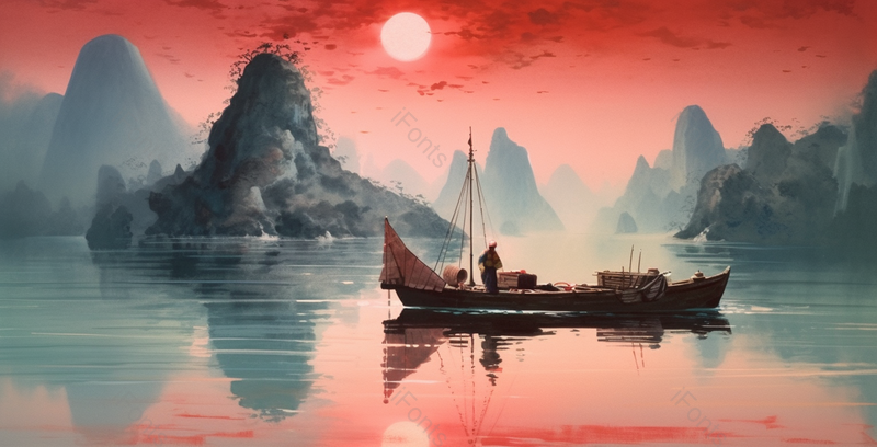 渔人打鱼日落山川湖泊景色自然意境中国山水国风水墨画背景,插画/手绘图,插画/手绘图库,插画/手绘图下载,插画/手绘